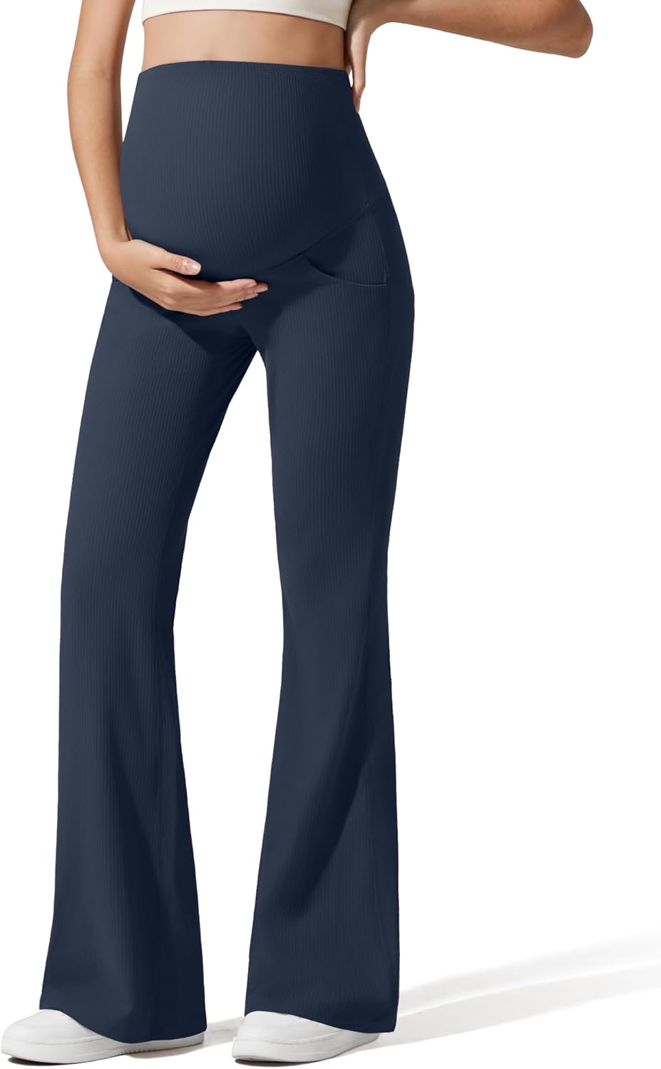 G4Free Ribbed Maternity Flare Yoga Pants with Pockets Over The Belly Pregnancy Bell Bottom Leggings