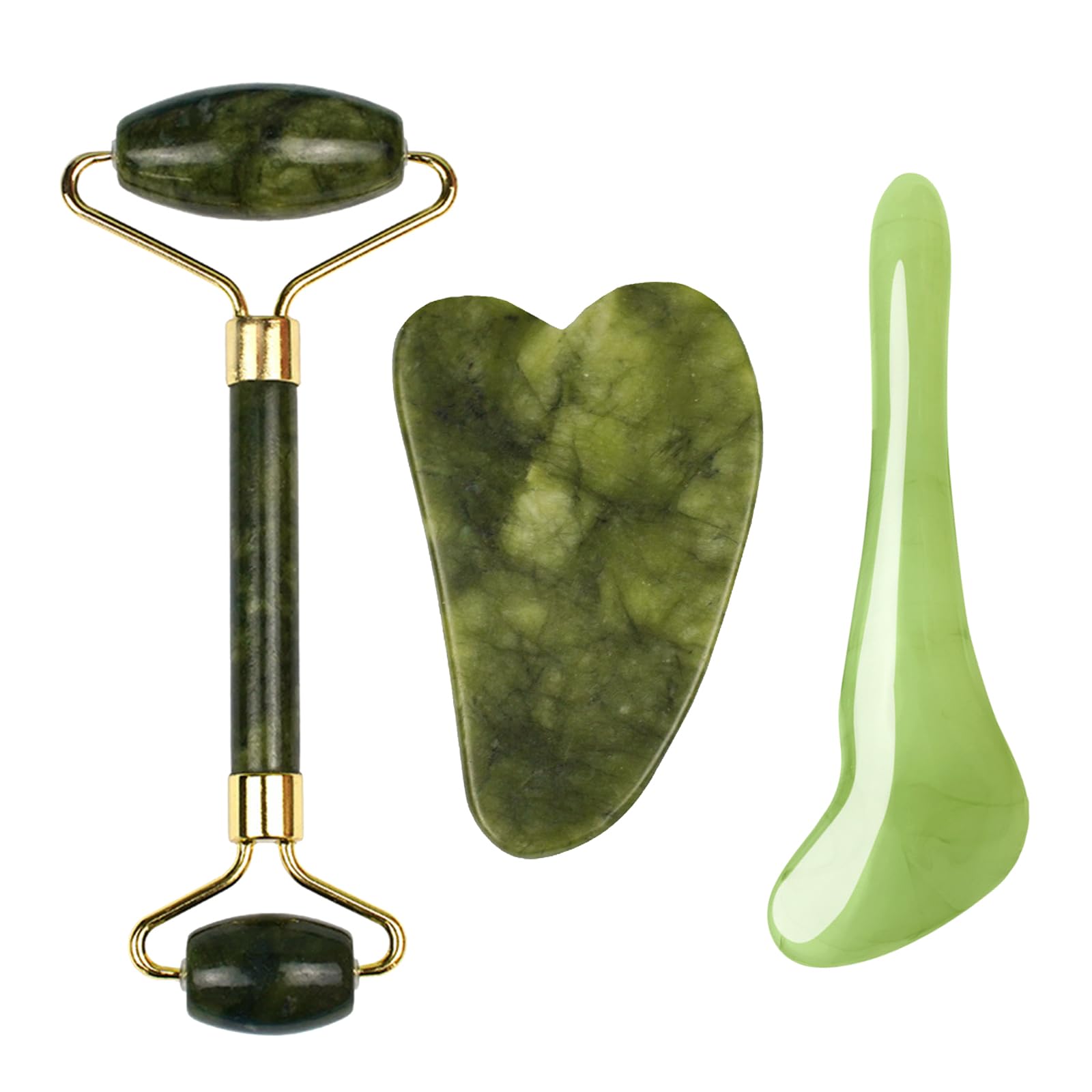 Gua Sha y Rodillo Facial, Body Skin Cosmetics Gua Sha, 3 Piezas Gua Sha y Rodillo de Jade Masajeador Facial, Gua Sha Alivia, Intensifica Tratamientos de Belleza para el Rostro, Verde Oscuro