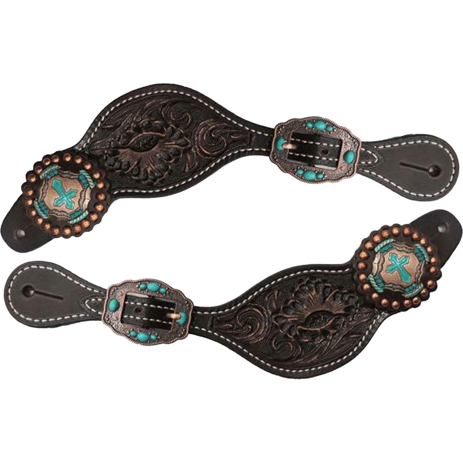Showman Sporenriemen für Damen, Blumenmuster, Schokoladenleder, mit Vintage-Kreuz-Conchos