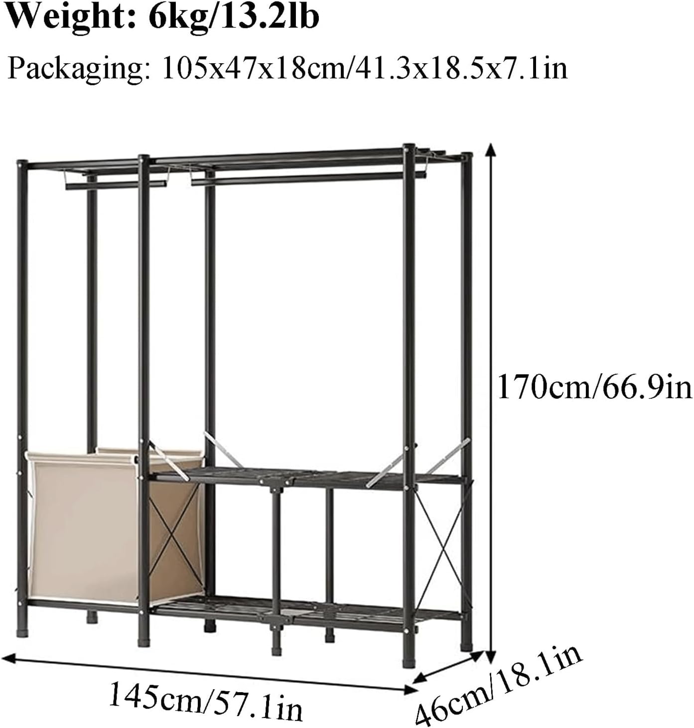 Folding Closet Metal Steel Clothes Closet with Cloth Cover and Hanging Rod Closets for Bedroom Portable Wardrobe Closet, 145cm/57.1in