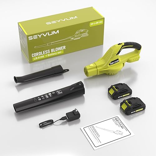 Miniatura 8 de SEYVUM - Soplador de hojas inalámbrico con batería de 20 V 5.0 Ah, limpiador eléctrico de hojas de 2 velocidades para el cuidado del césped,