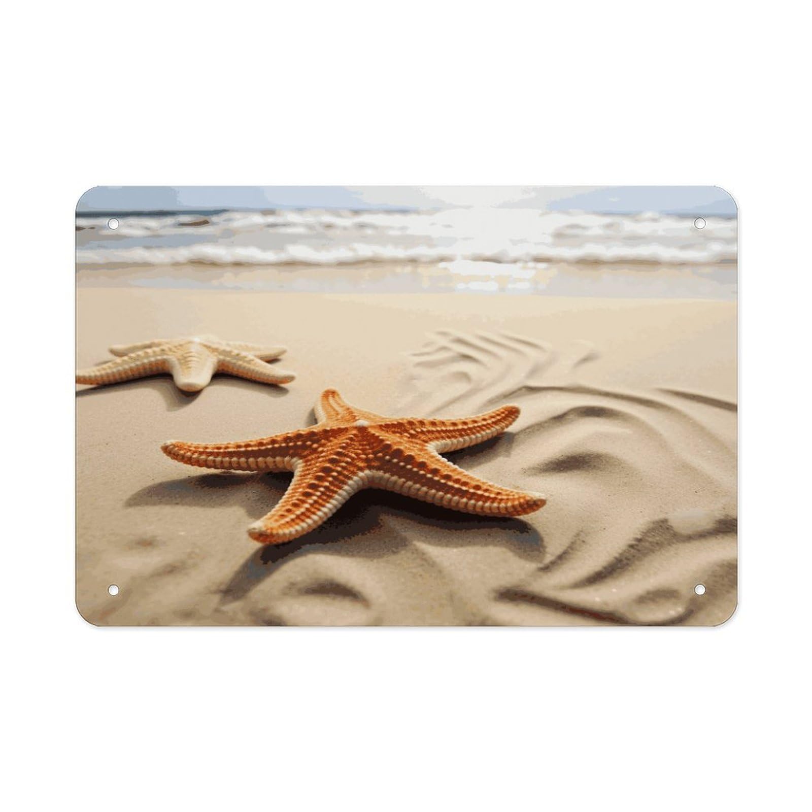 LDGSUPH Starfish on The Sand Beach Landscape Metal Tin Sign Wall Art Prints Folded Edge Iron Sheet Painting with Holes for Wall Prints Decorative Picture Metal Signboard Decor Painting Wall Decor
