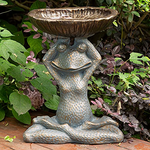 Glitzhome Meditating Yoga Frog Outdoor Statue Garden Sculpture Decor With Birdbath, 17.75" H, Bronze #TOP13
