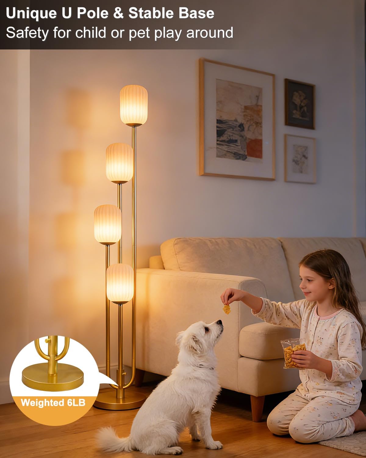 Lightdot Gold Floor Lamp 4-Lights Dimmable Floor Lamps with Cylinder Shade 3000K Bulbs Included Unique Modern Standing Tall Lamp with 5Lbs Heavy Base for Living Room/Bedroom/Sofa Beside/Corner Decor