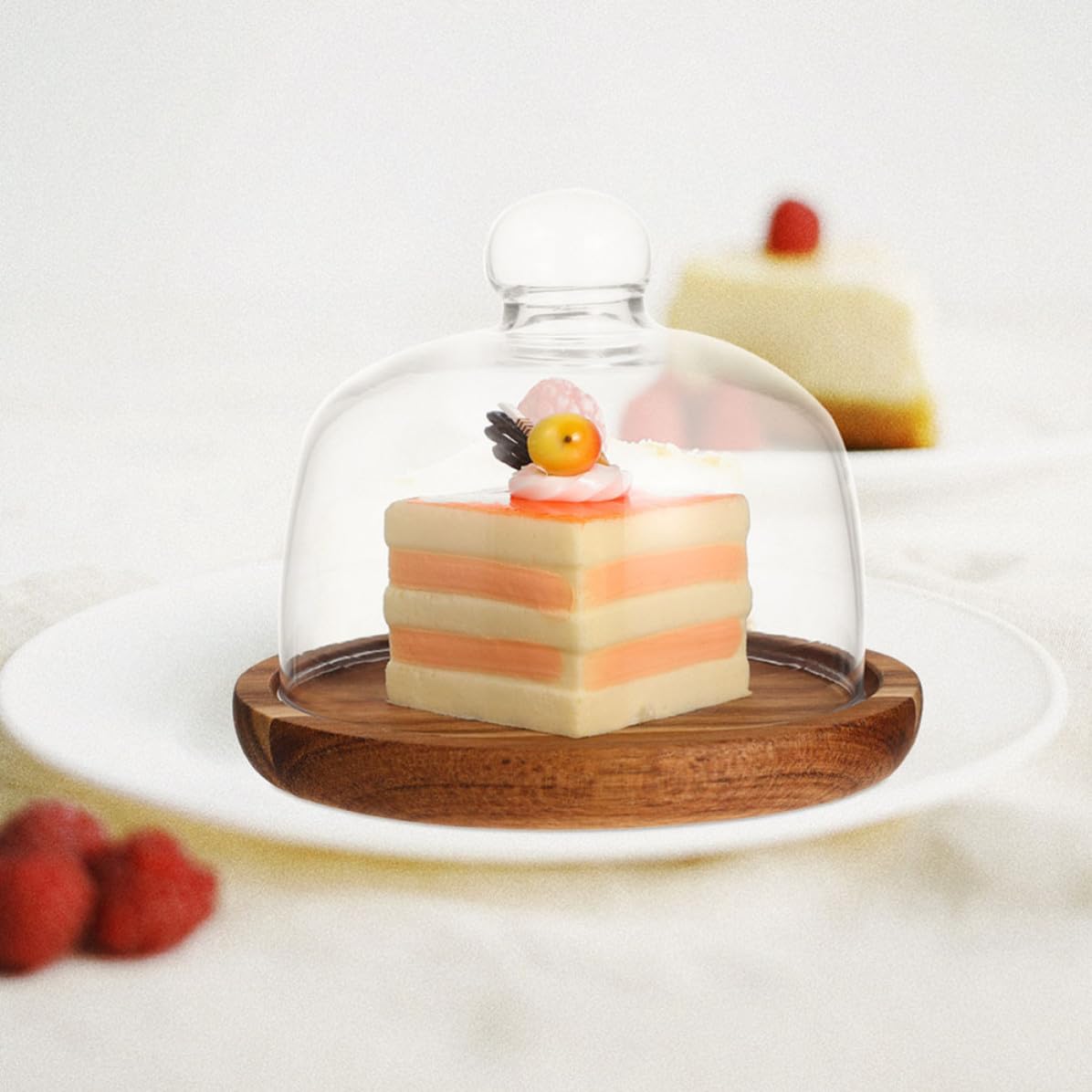 Alasum Bandeja para Tartas de Madera Cúpula de Vidrio para Cocina | Diseño Transparente Creativo, Acabado Fino, Cobertura de Alimentos y Conservación del Calor