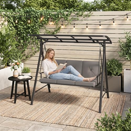 Blishom Balançoire de Jardin Hollywood 3 Places Gris, Convertible en Lit avec Toit Pare-Soleil Réglable, Structure Métallique Stable Tissu Étanche pour...