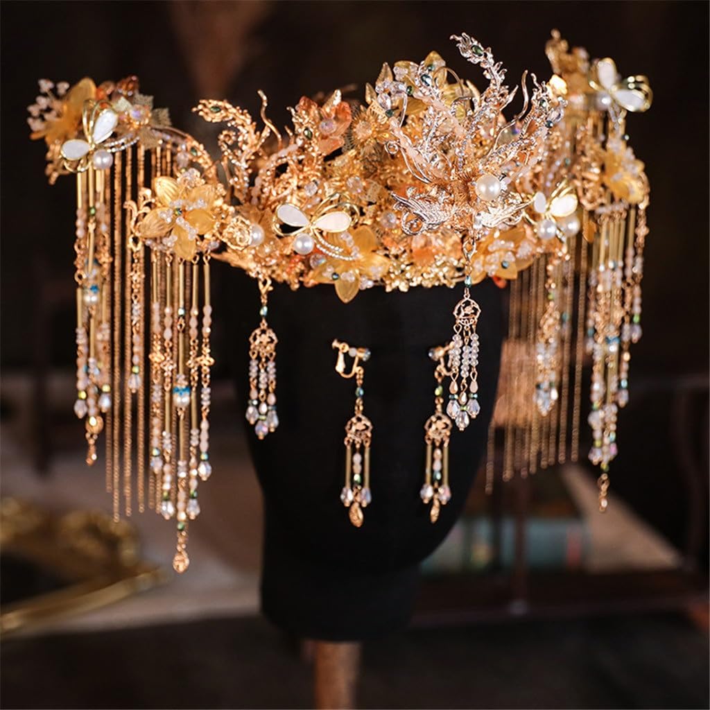 Xiuhe Tiara Bride Chinese Retro Golden Tassel Phoenix Crown Wedding Clothing Accessories