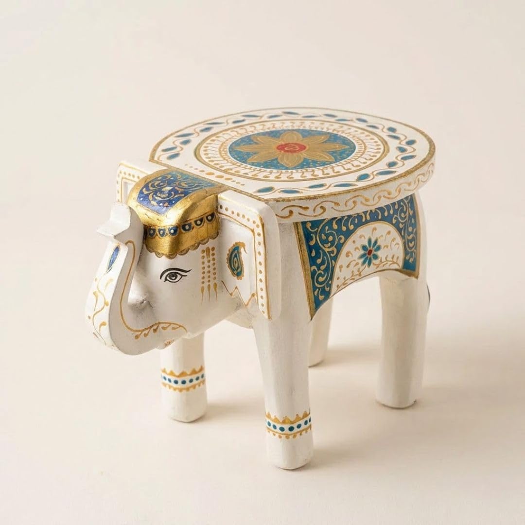 Colorful Handpainted Wooden Elephant Stool for Home & Living Room | Handmade Traditional Indian Decor | Mango Wood Plant Stand | Corner Decorative Figurine | 8x8x10 inch, White-image-25