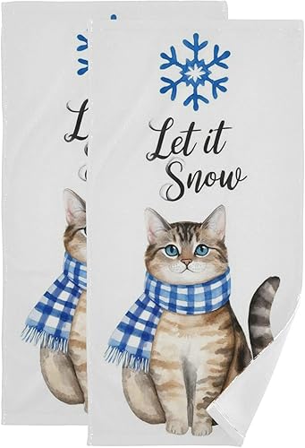 Miniatura 21 de Pfrewn Juego de 2 toallas de mano con diseño de muñeco de nieve de invierno, conos de pino de copo de nieve, color azul, toalla de baño de Navidad