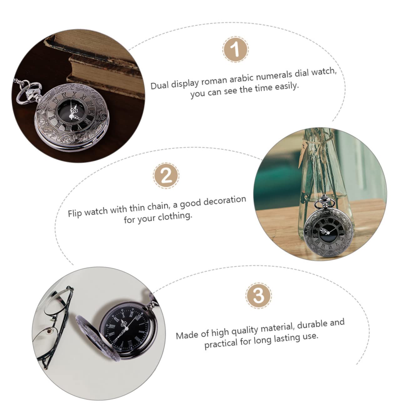 PartyKindom 1Pc Retro Classic Dual Display Roman Numerals Pocket Watch Steampunk Design with Thin Chain Vintage Antique Style for Men and Women