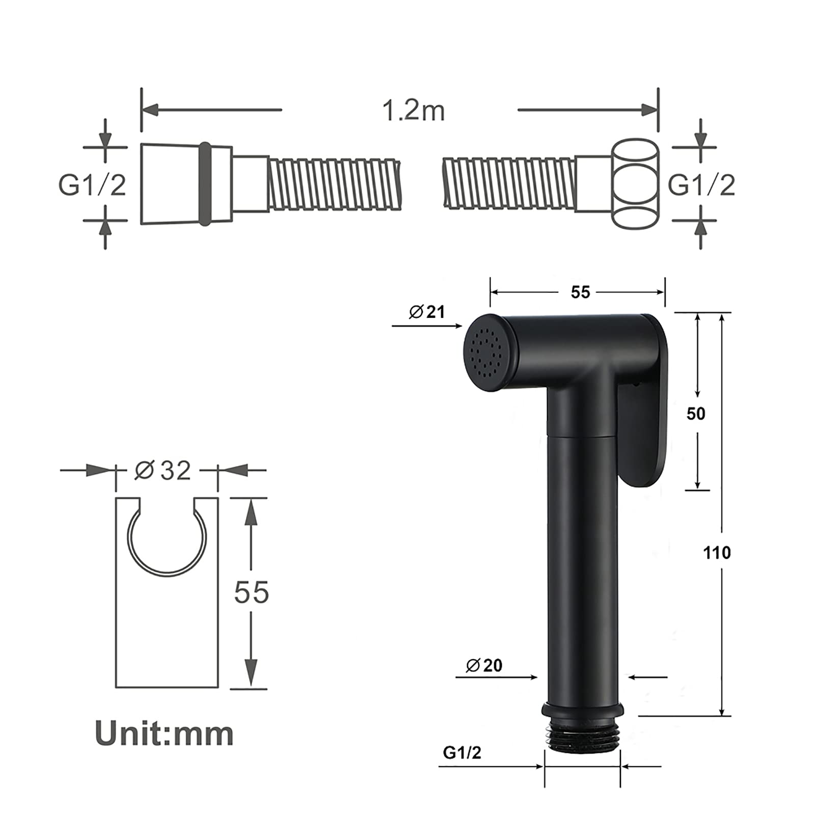 Ducha Bidet, Pulverizador de Bidé de Mano Latón Rociador de Bidé de Mano Pared Juego de Pulverizador de Bidé con Soporte Ducha y Manguera Ducha 1.2m, para Higiene Personal,Negro