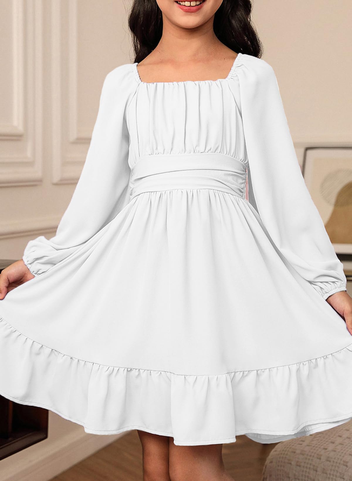 blibean Vestido de manga larga para niñas con lazo en la espalda, vestido de otoño con hombros descubiertos, talla 6-15 años