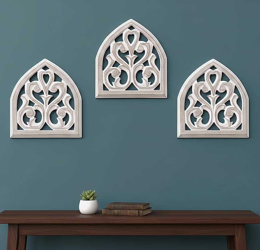 Image of DE KRAFTSMAN Wall panels, CARVED STYLE set of 3 wall decor handcarved antique wall panel decor 24X8 inch (Frost White color) (WHITE BROWN ONIKARA 3)