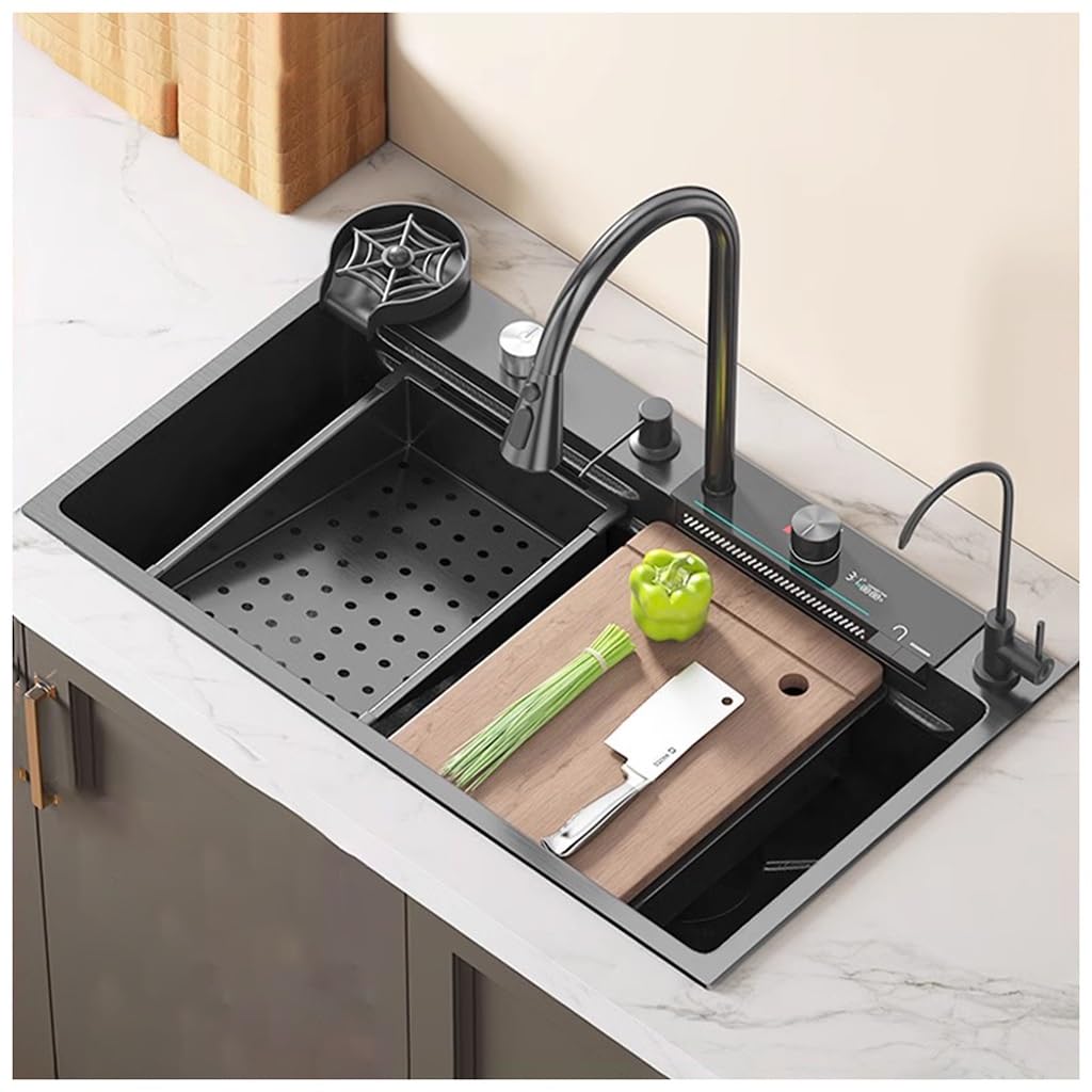 ZQFHSX Stainless Steel Single-Bowl Bar Prep Sink Multifunctional Waterfall Workstation With Pull-Out Faucet And Cup Washer (Color : Black, Size 75x45x21cm)