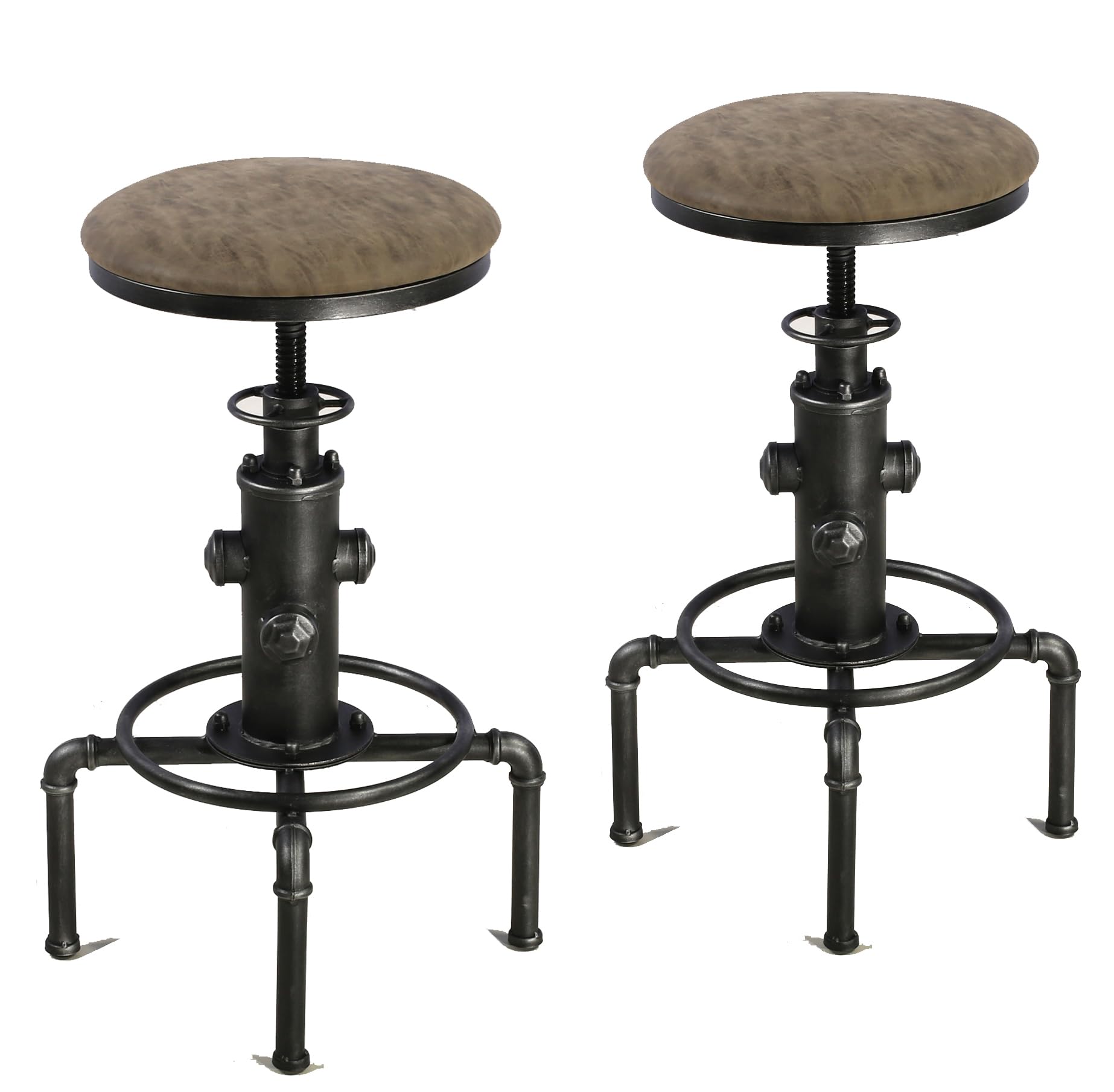 Topower Antique Vintage Industrial Barstool PU Leather Water Pipe Fire Hydrant Design Cafe Coffee Industrial Bar Stool Set of 2 Silver