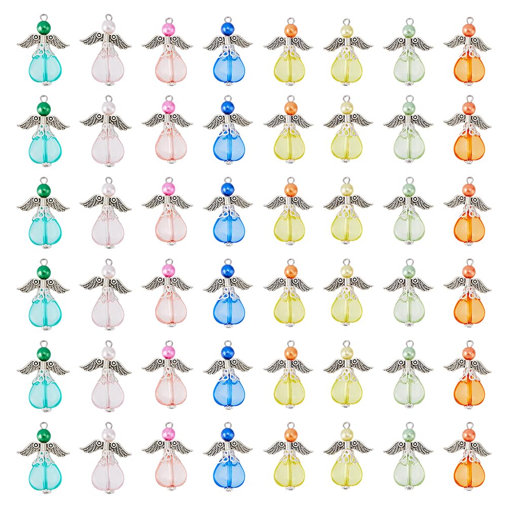 SUPERFINDINGS 6 Sets 48PCS Acrylic Pendants with Tibetan Style Alloy Findings 8 Colors Angel Wing Charms Pearl Beads Flower Pendants for Necklace Bracelet Earring Making