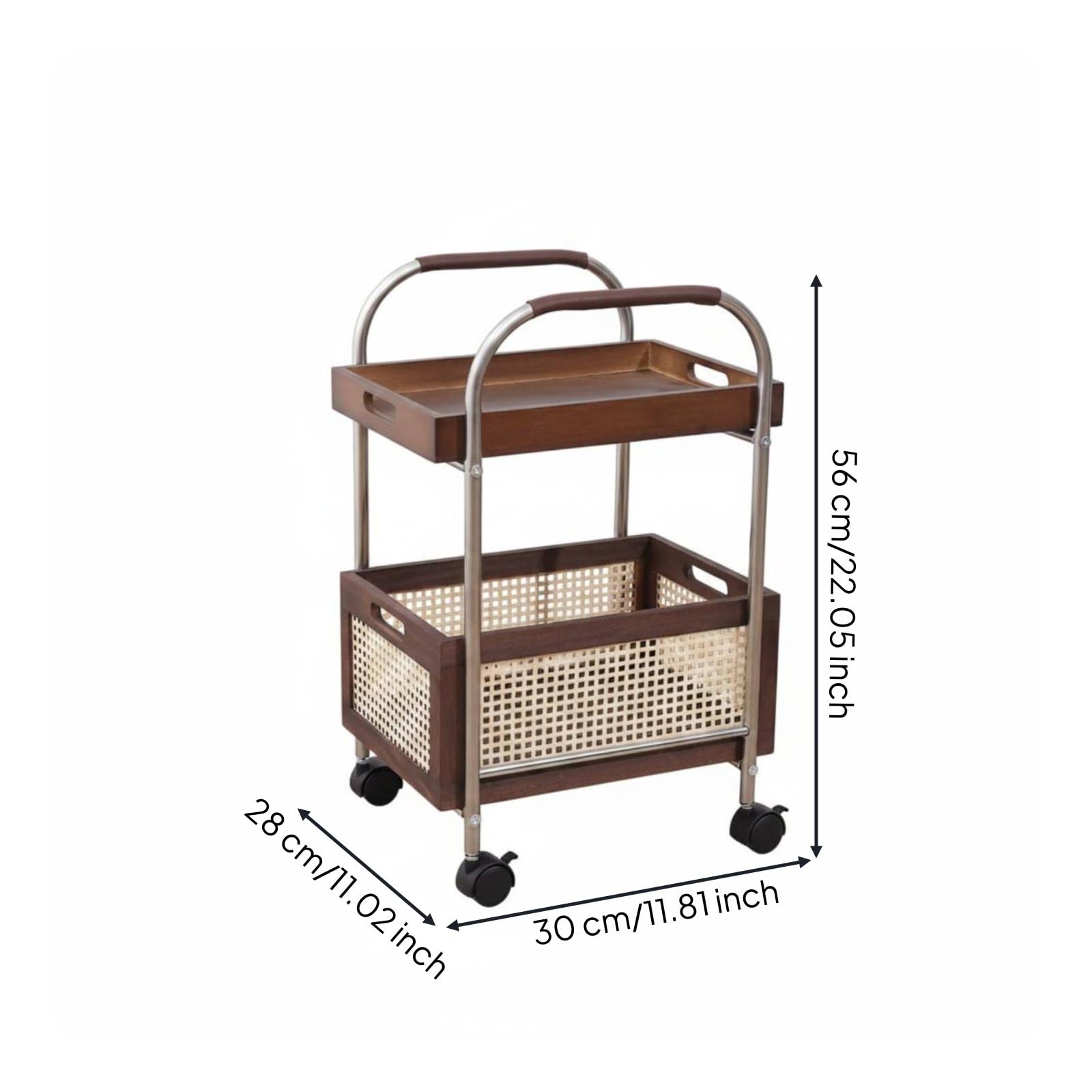 Carro de Almacenamiento Multiusos Carrito de Servicio Rodante Estantería Auxiliar Organizador de Dos Niveles con Acero y Madera y de Ratán Movilidad, Walnut, Brown Tray