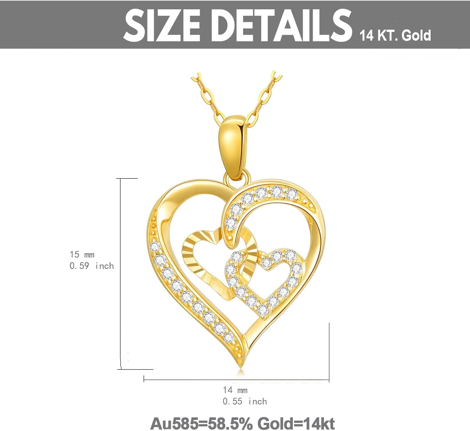 SISGEM 14K Real Gold Heart Necklace for Women,Solid Gold Moissanite Love Pendant Necklace Triple Hearts Jewerly Gifts for Birthday Anniversary,16''-18'' - Image 7