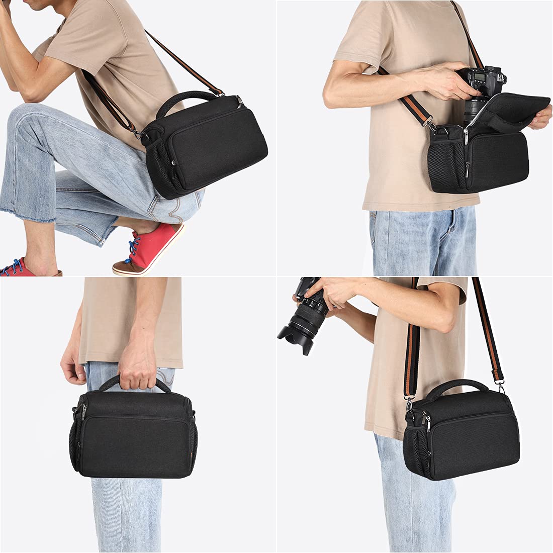 DOMISO - Borsa a tracolla impermeabile anti-shock per reflex DSLR compatibile con Nikon D90 D7000 D5300/Canon 60D 700D 5D2/Sony A580 A900/Olimpus/Fujifilm/Sony/Panasonic/Pentax/Samsung, colore: Nero
