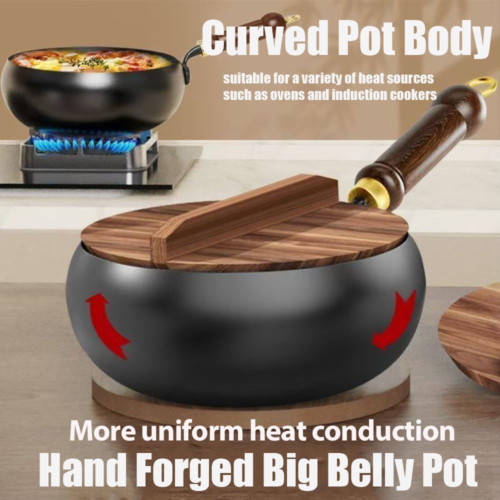 Japanese Iron Frying Pan, Uncoated Iron Frying Pan, Chinese Wok, Non-Stick Pot, Irons Pot Lightweight, Wooden Handle, Compatible With Gas Stove and Induction Cooker (Wooden lid 11.1in)