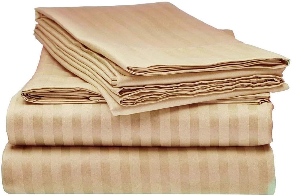 LaxLinen Sheet Set- 4 PCs Egyptian Cotton Weave Fits Mattress Up to 14' - 16"' Inches Deep Pocket Twin Extra Long (39" x 80") Taupe Stripe Pure Natural Cotton Bedsheets- 600 TC