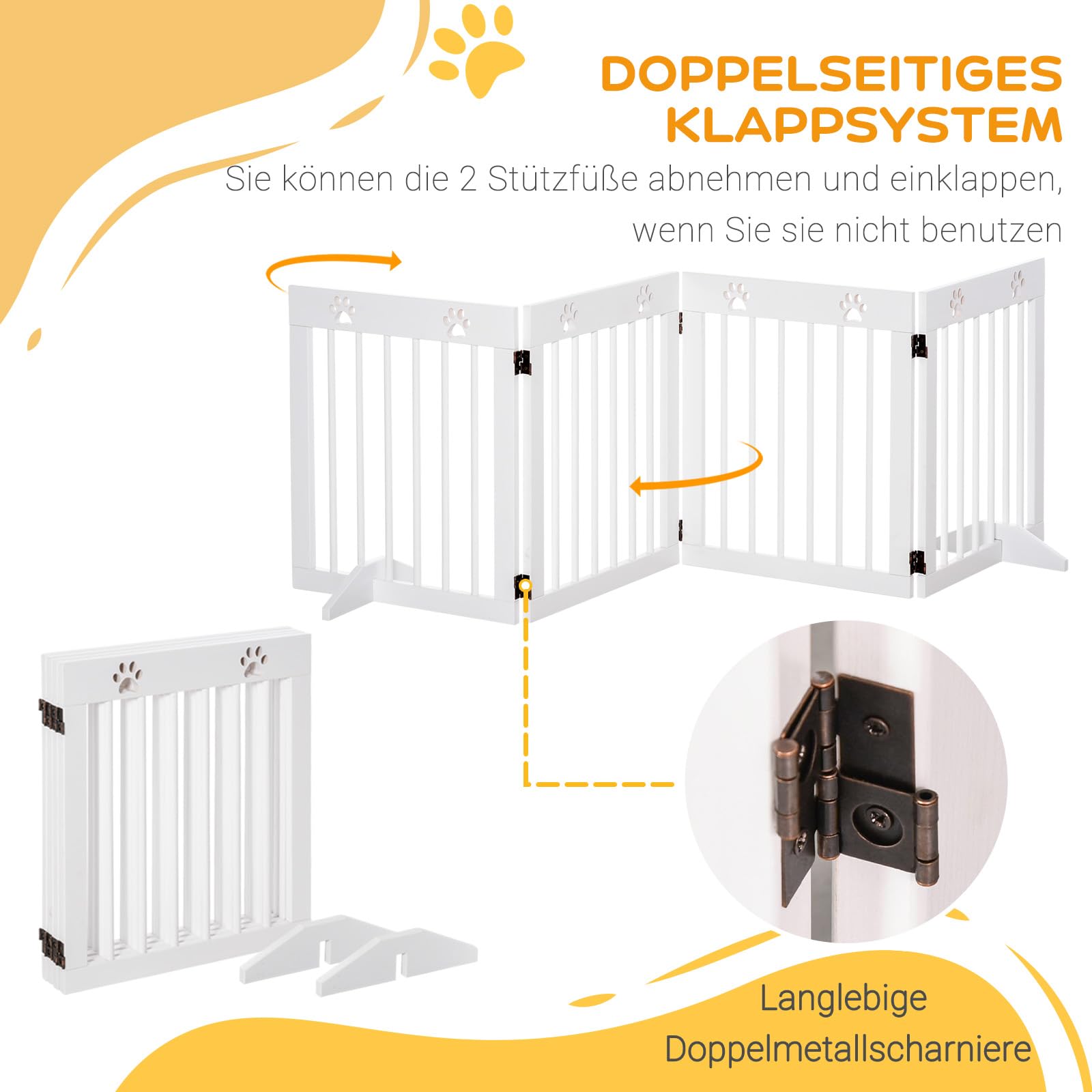 PawHut Absperrgitter Hund 4-teilig, 204 x 61 cm Faltbar Türschutzgitter mit 2 Stützfüßen, Freistehend Hundegitter, Treppengitter aus Holz für Flur, Treppe, Weiß
