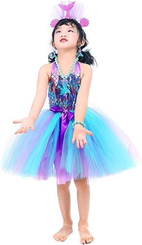 Miniatura 9 de Tutu Dreams - Vestido de sirena de verano de 4 colores para niñas, con diadema, regalos de fiesta de cumpleaños, ropa de vestir