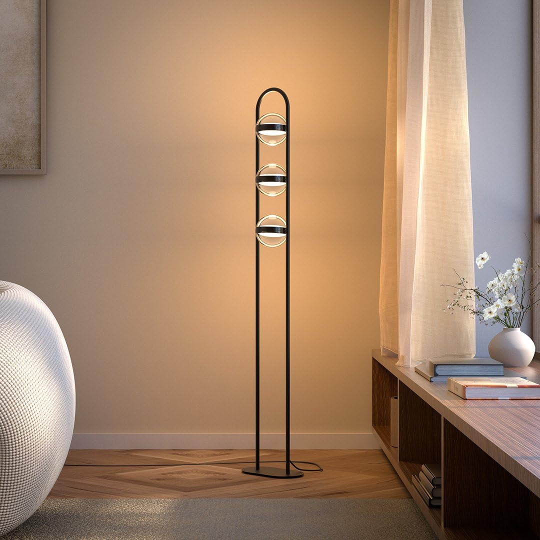 NEONA VIVA LED Stehleuchte Schwarz dimmbar per Fußschalter – Stehlampe 3 drehbare Glaskugeln 360°, warmweiß 2700K, 24W, 2340lm, Höhe 140cm (Schwarz)
