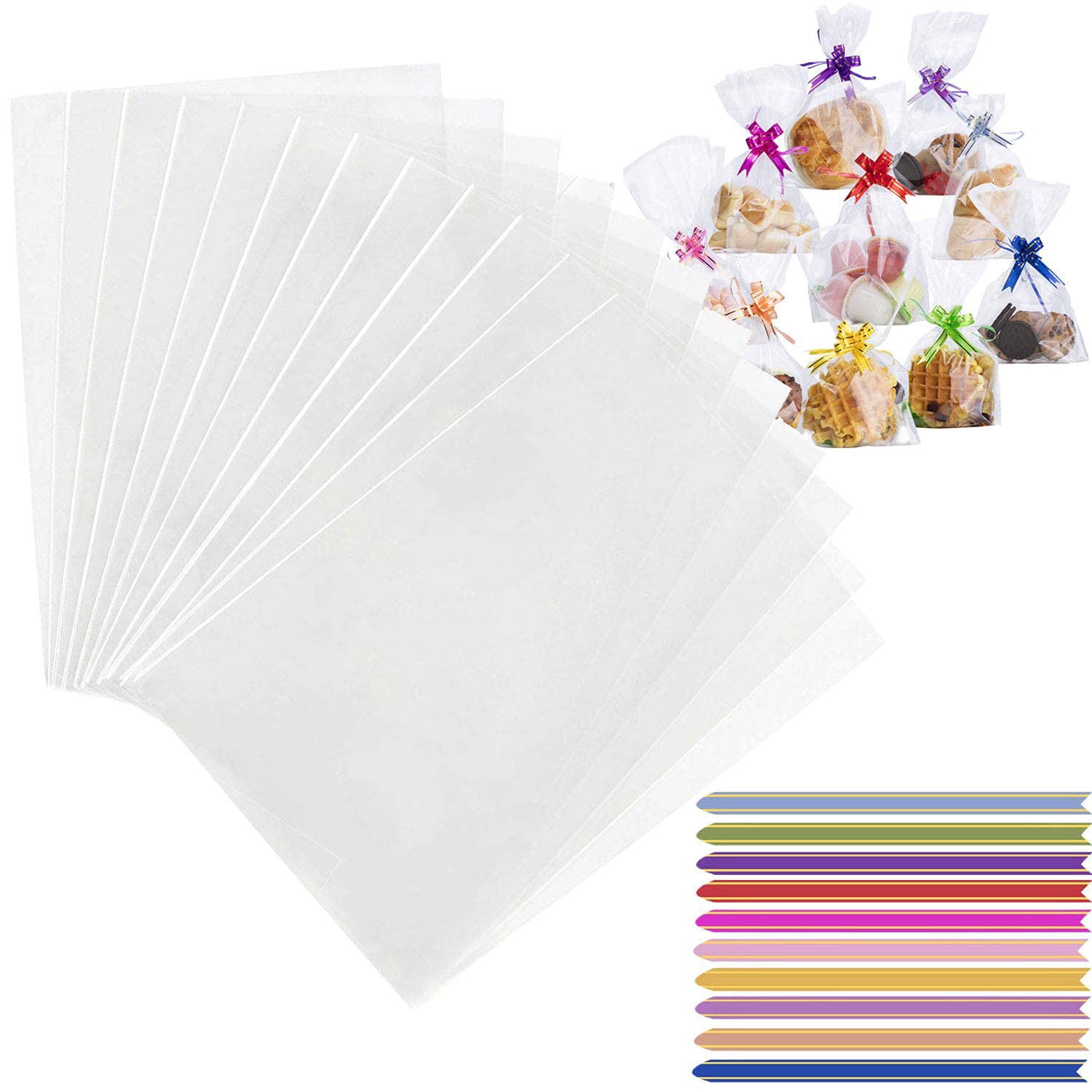SubyVeK 100pcs Clear Cellophane Bags Gift Bag with Twist Ties for Wedding Favours Wrapping Cupcakes and Sweets, 23 * 12.5cm(L,W)