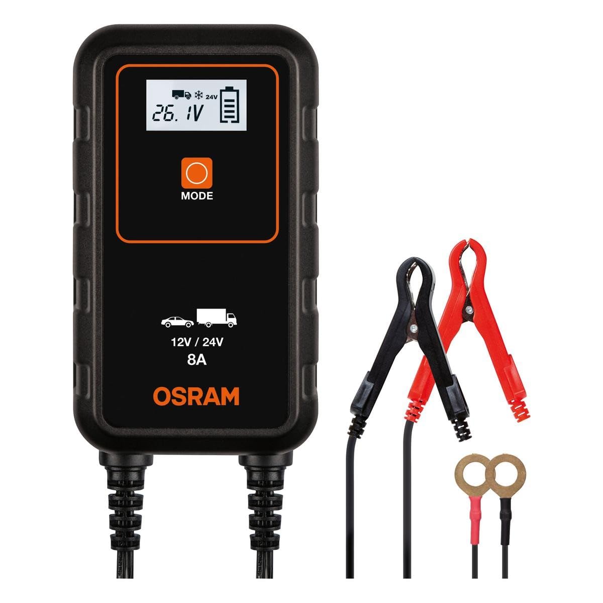 Osram BATTERYcharge 908, 8A Chargeur de Batterie et Entretien de Batteries pour Voitures, Motos, SUV, camionnettes, Petits camions (12V/24V) | pour Voitures, Motos, SUV, camionnettes, Petits camions (12V/24V)