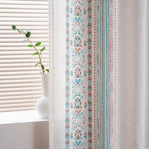 Image of MYSKY HOME Living Room Curtains 84 inch Long 2 Panels Set Boho Semi Sheer Faux Linen Farmhouse Damask Window Drapes for Bedroom Dining Room Patio, 50 inch x 84 inch, Teal, 2 Panels