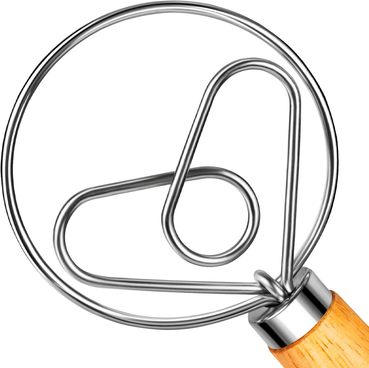 Danish Dough Whisk Stainless Steel Dough Hook Dutch Whisk for Sourdough Bread Dough Mixer Hand Wooden Handle Kitchen Whisking Mixing Tool Bread Making Tools and Supplies (cordate)