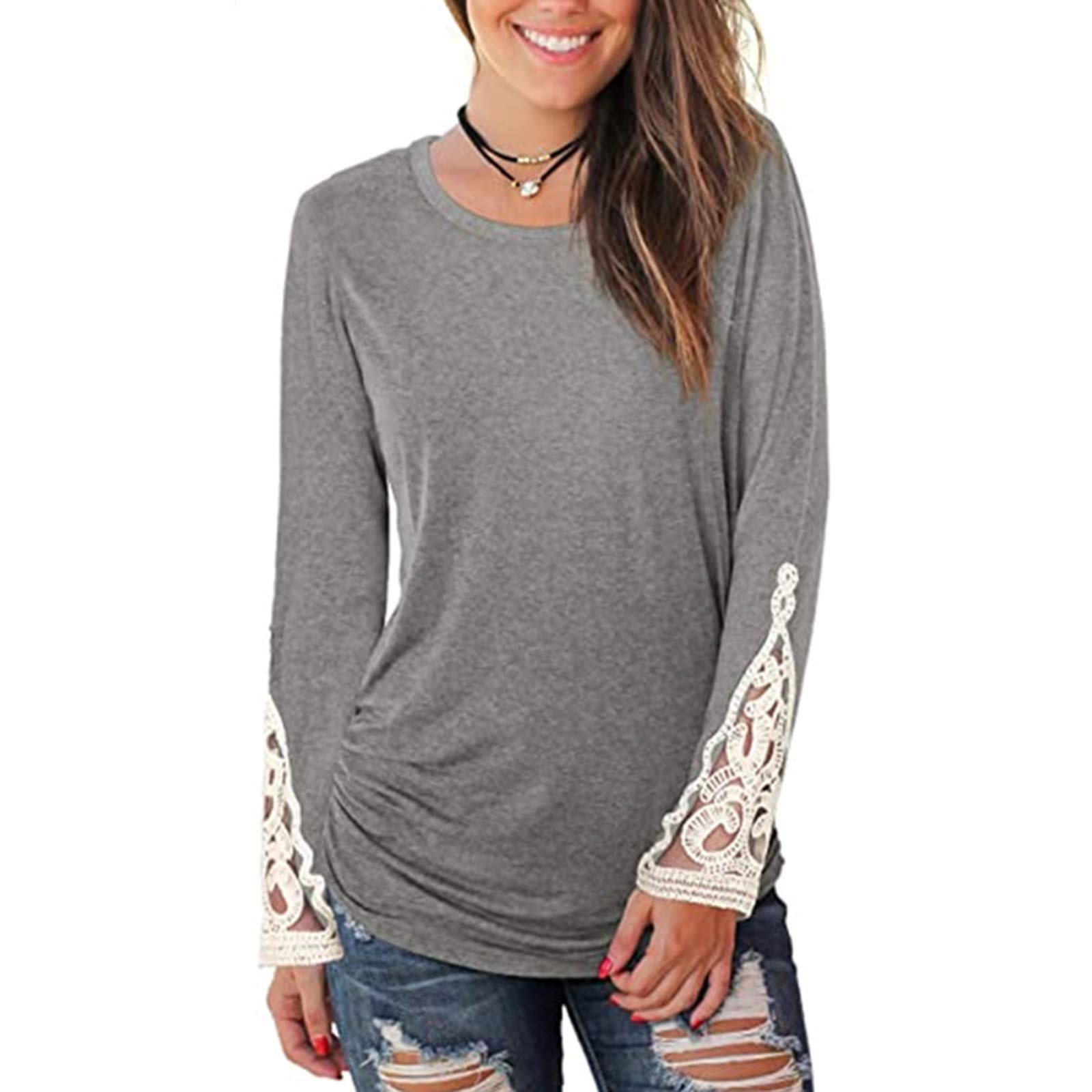 T-shirt col rond manches longues femme gris avec col dentelle élégant et doux