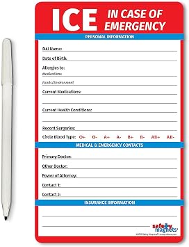 Safety Magnets by ZOCO in Case of Emergency ICE Contact Magnet for Seniors File of Life Medical Information Card for Fridge 5.25"x8.5" Laminated Emergency Reference with Marker