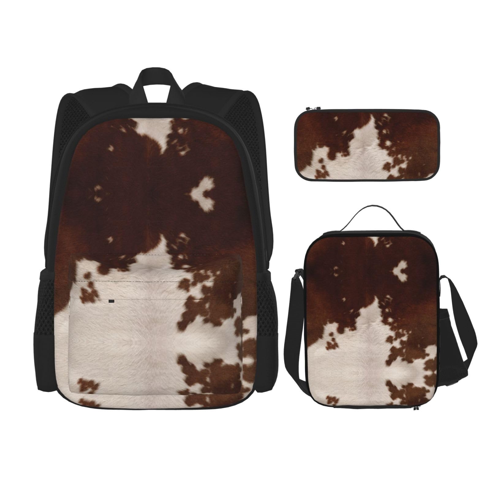 Juego de 3 mochilas escolares con estampado de piel de vacuno rojo y marrón, mochila para laptop de gran capacidad, resistente al agua, con bolsa de almuerzo aislada y estuche para lápices