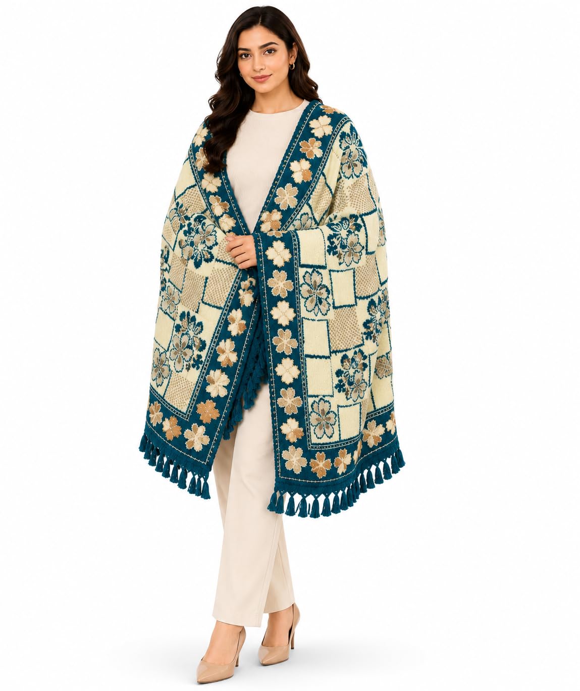 Women's Premium Woolen Shawl with Fringes | Elegant Floral & Geometric Jacquard Weave Warm Winter Wrap Stole (Free Size)-image-47