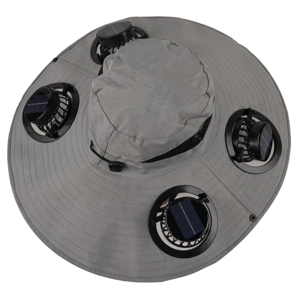 Cappello solare con ventola integrata, 4 ventole, cappello da sole a tesa larga a 3 velocità, alimentato a energia solare e ricarica USB, cappello da pesca regolabile per uomo e donna, grigio chiaro