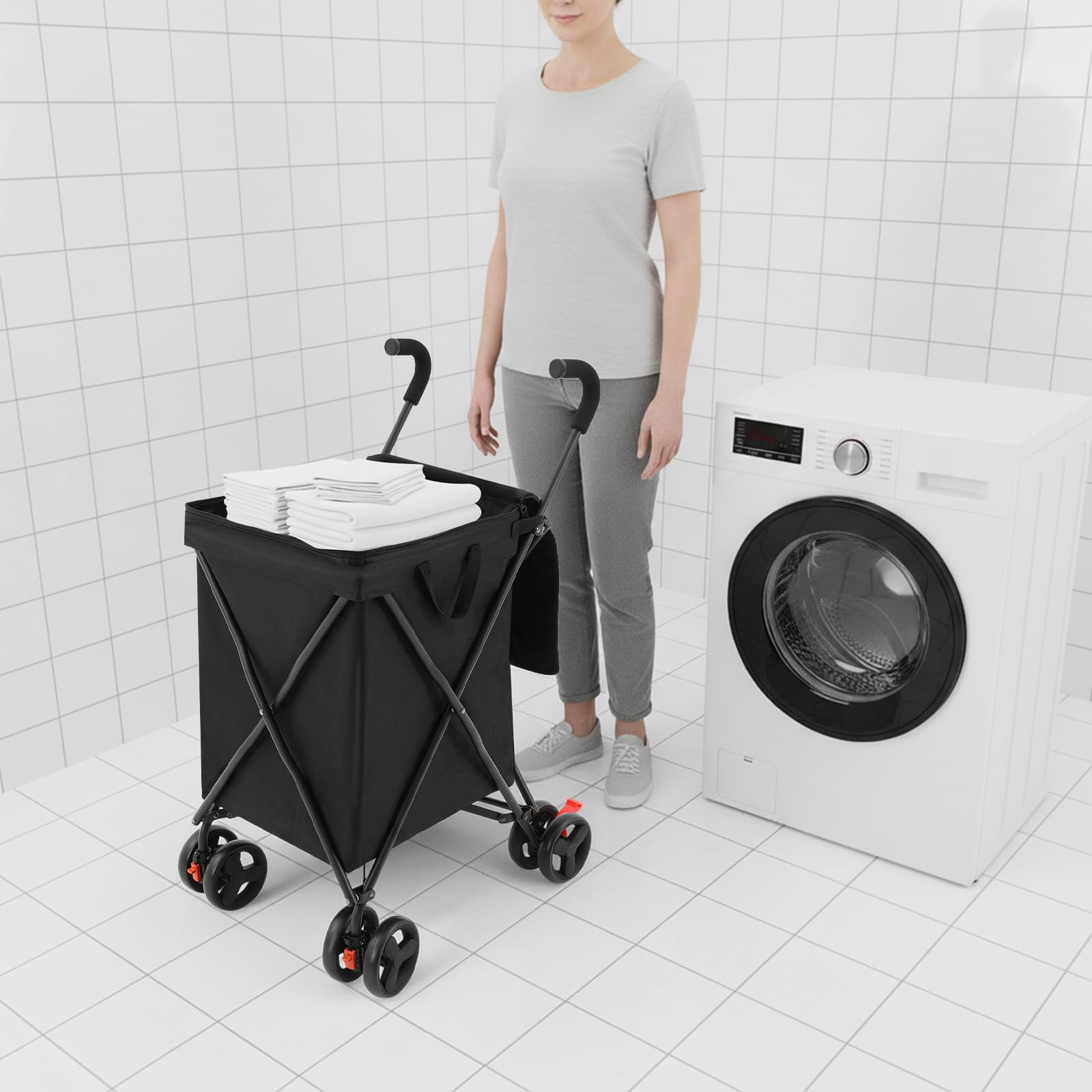 Carro de la compra plegable con ruedas, carrito de la compra plegable para supermercado y exterior, 38 l, gran capacidad, 70 kg, con gancho de lino y bolsa de almacenamiento, color negro