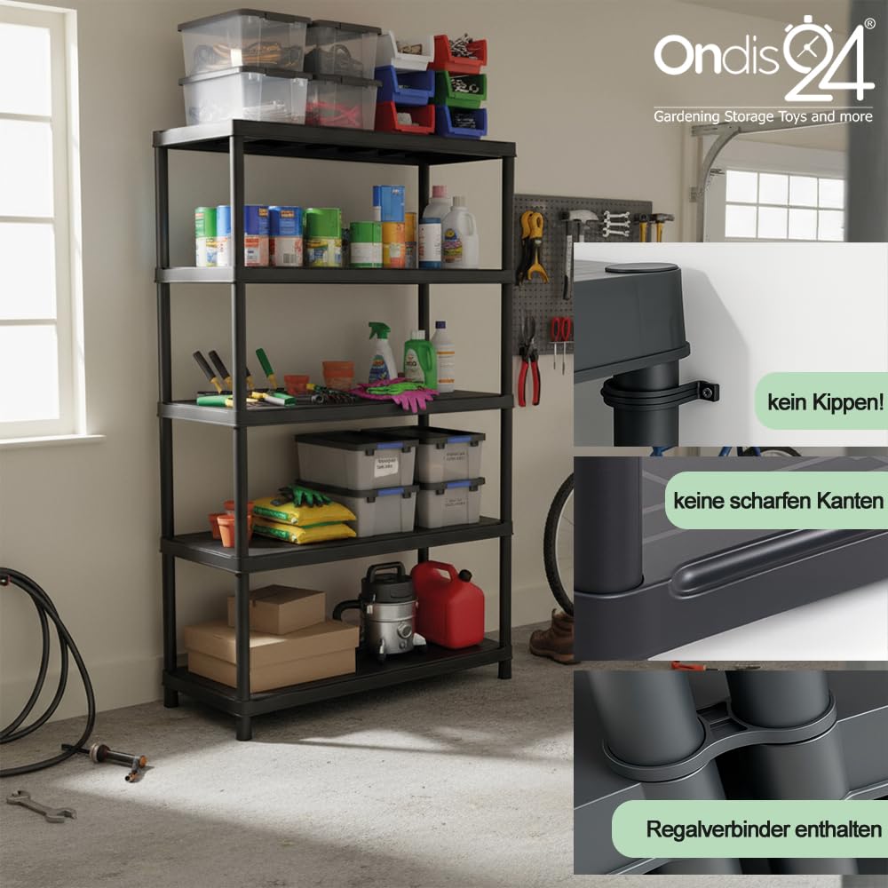 Ondis24 Kunststoffregal anthrazit 120 x 40 x 180 cm – Schwerlast Steckregal mit 5 Böden, 60 kg pro Ebene – Lagerregal, Kellerregal, Werkstattregal, Aufbewahrungsregal für Garage & Vorratsraum
