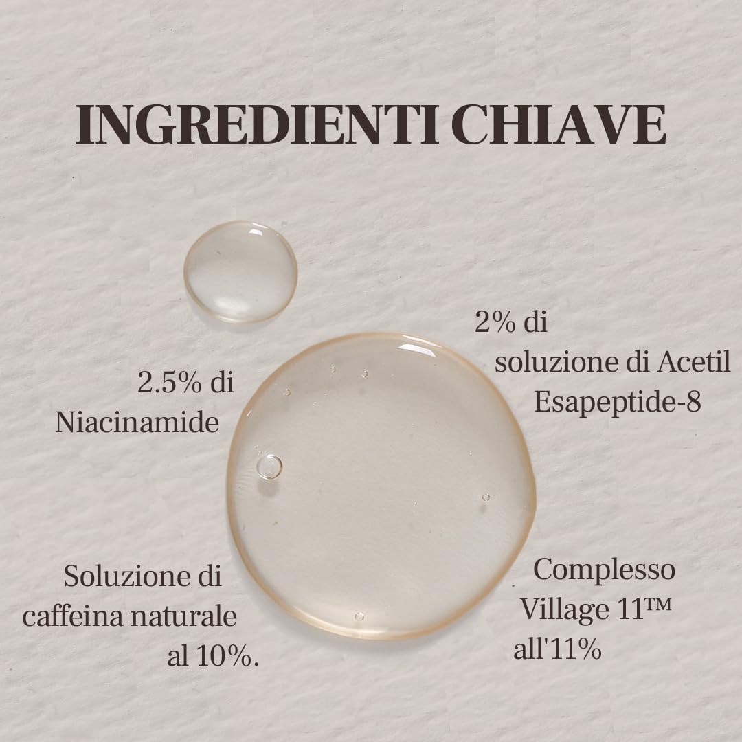 VILLAGE 11 FACTORY Siero occhi alla caffeina (10 ml) soluzione di caffeina 10%, esapeptide-8, niacinamide, trattamento elasticizzante, antirughe, occhiaie Hydro Boost Caffeine Eye Serum