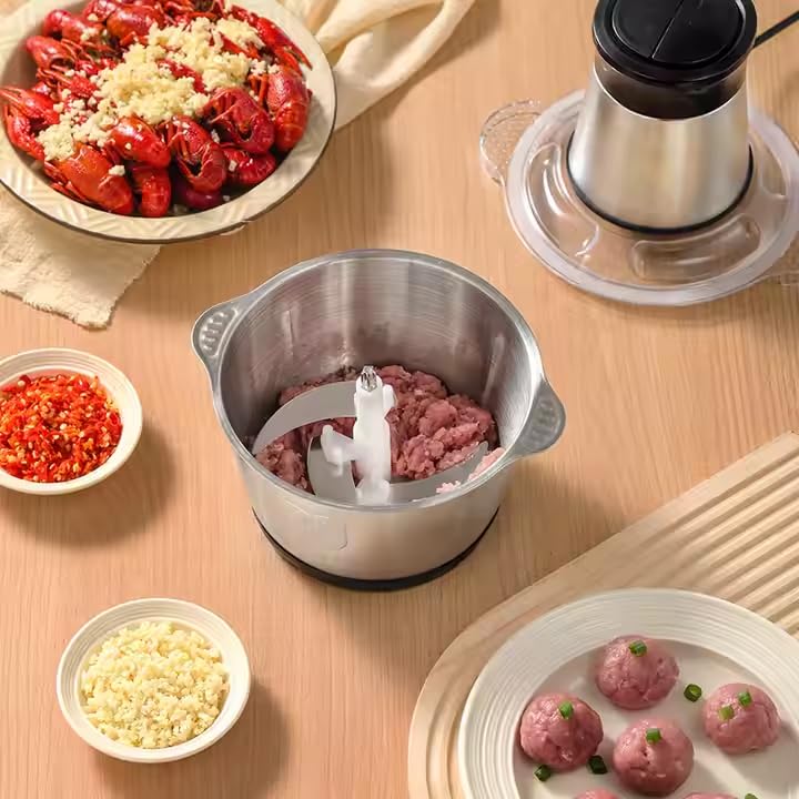Image of Twinleaf Electric Meat Grinder & Food Chopper 2L Stainless Steel Bowl | 800W 2-Speed Electric Chopper for Kitchen with 4 Blades | Meat Mincer, Vegetable & Onion Chopper, Food Processor (Silver)