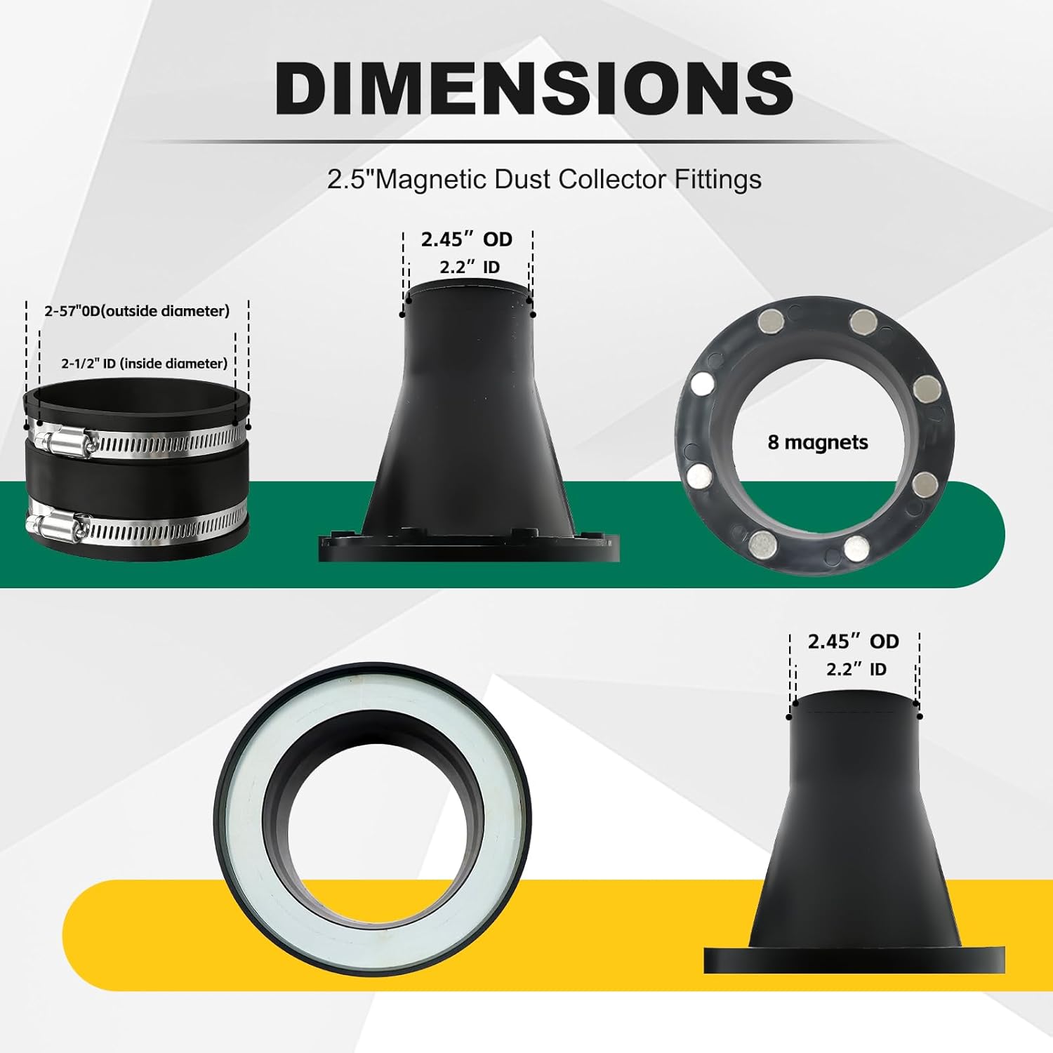 2-1/2-Inch Magnetic Dust Collector Starter Kit, Heavy Duty Quick Connect Fittings with 8 High-Strength Magnets & Safety Lanyard, Includes Hose Connector & Steel Receiver, for Woodworking