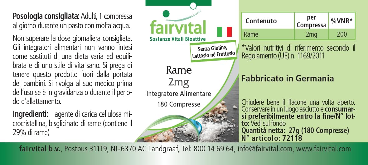 fairvital Rame 2 mg, 180 compresse, facili da deglutire, bisglicinato di rame, qualità testata e ad alto dosaggio, 100% vegano, Made in Germany