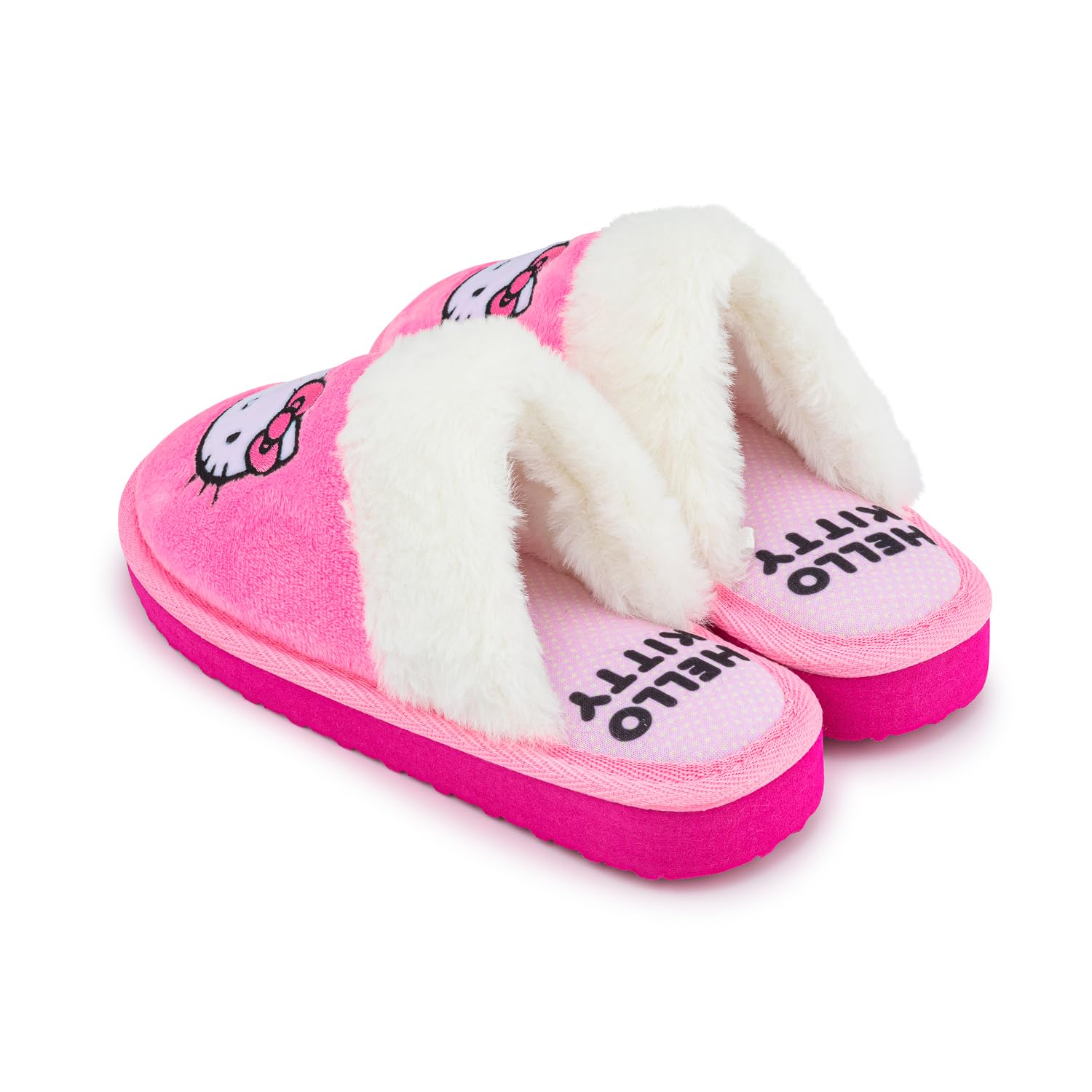 Hello Kitty Pantoufles mules pour filles – Chaussures d'intérieur en fausse fourrure rose avec motif brodé – Semelle antidérapante – Chaussures de chambre confortables et chaudes pour enfants et