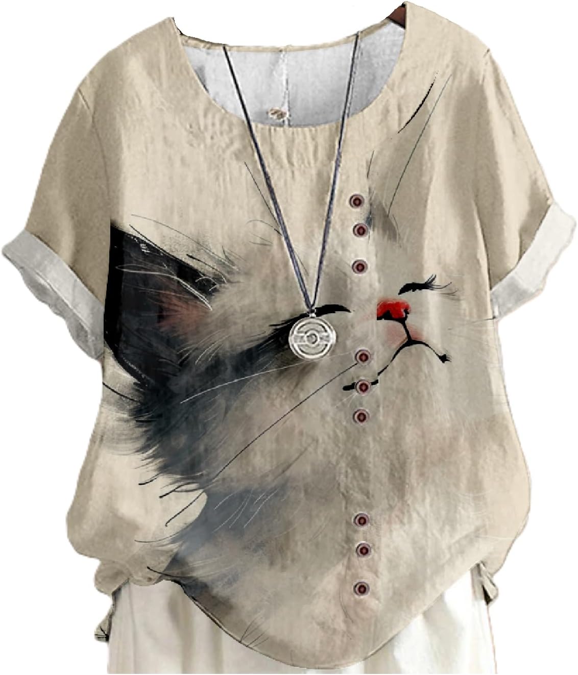 Summer Tops for Womens Cute Cat Print Short Sleeve Blouses Crewneck Lightweight Casual Lounge Japanese Art Tops