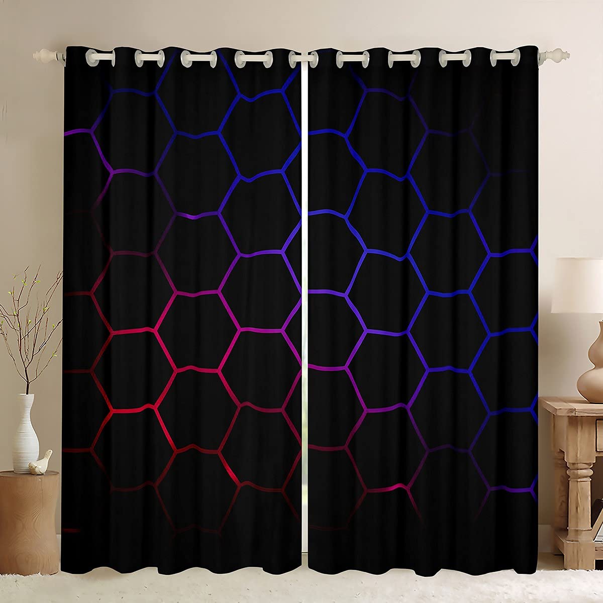 3D Honeycomb Curtains Window Curtains for Bedroom Living Room Kids Boys Girls Hexagon Artwork Window Drapes Purple Blue Red Black Window Treatments W46*L72