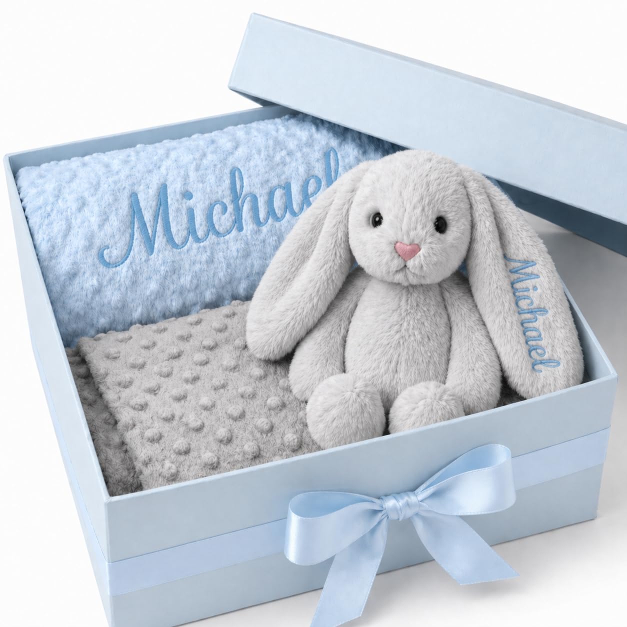KAINSY Personalized Baby Blanket & Plush Bunny Set, Custom Baby Blanket Embroidered with Name, Double Layer Dotted Backing Swaddle for Toddler, Baby Shower & New Baby Gift Set for Boys
