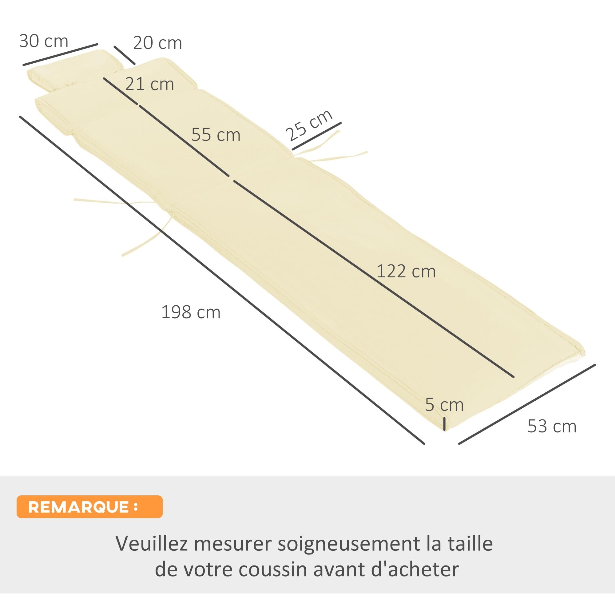 Outsunny Coussin Bain de Soleil Déhoussable Zippé 198 x 53 x 5 cm Crème