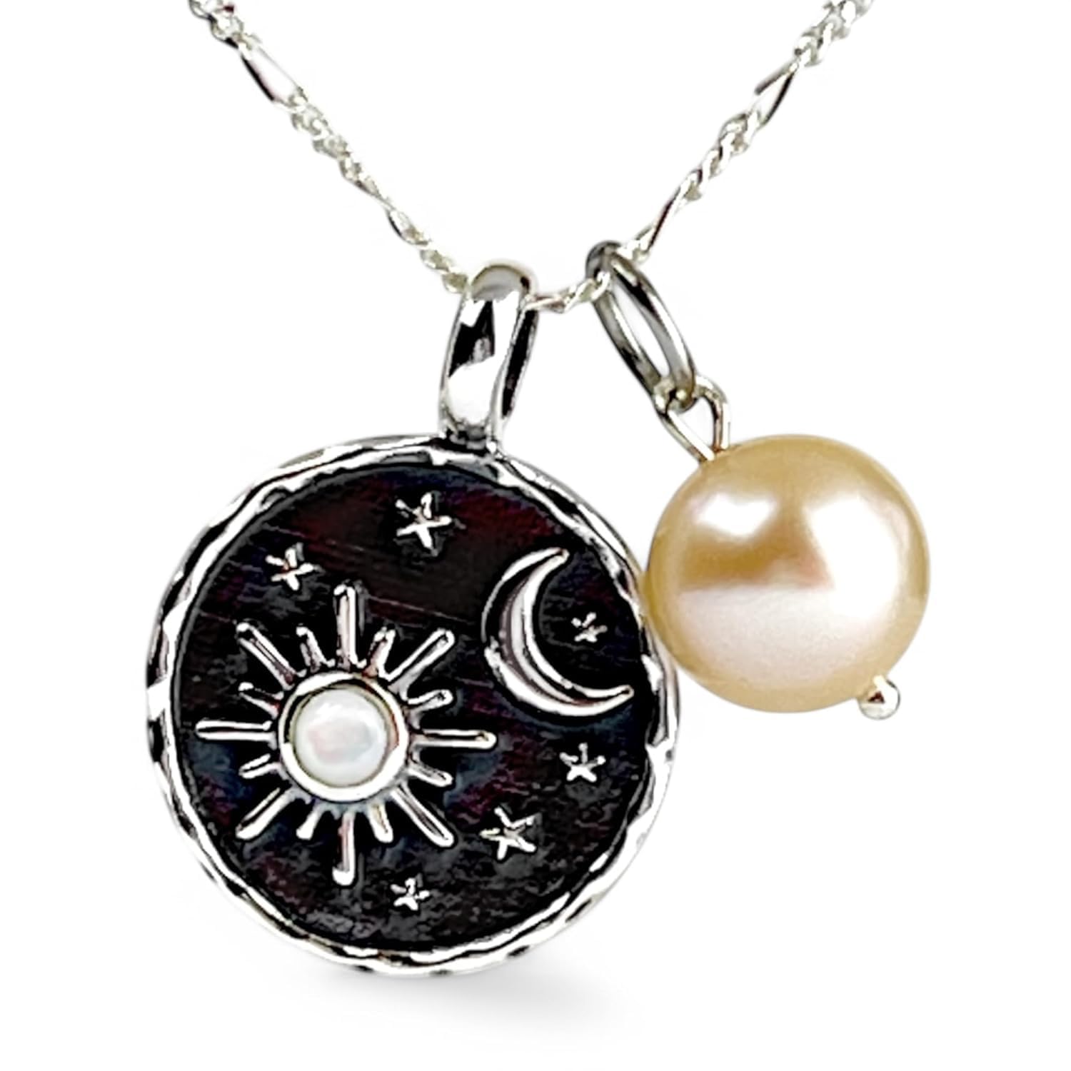 MadamLili | 925 Sterling Silber Mond Kette mit Perlmutt Sonne & Süßwasserperle | Mystischer Schmuck | Geschenk für Frauen | Glücksbringer | Perlenkette Damen | Hippie Schmuck