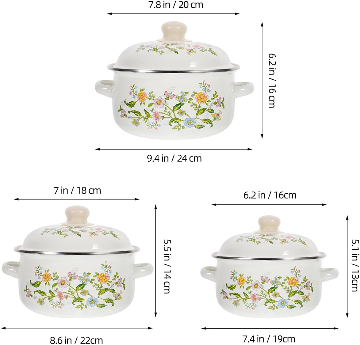 3Pcs Enamel Cooking Pot Set: Multi-Functional Double Ear Soup Pots with Lid, Flat Bottom Stockpots for Home Restaurant Use